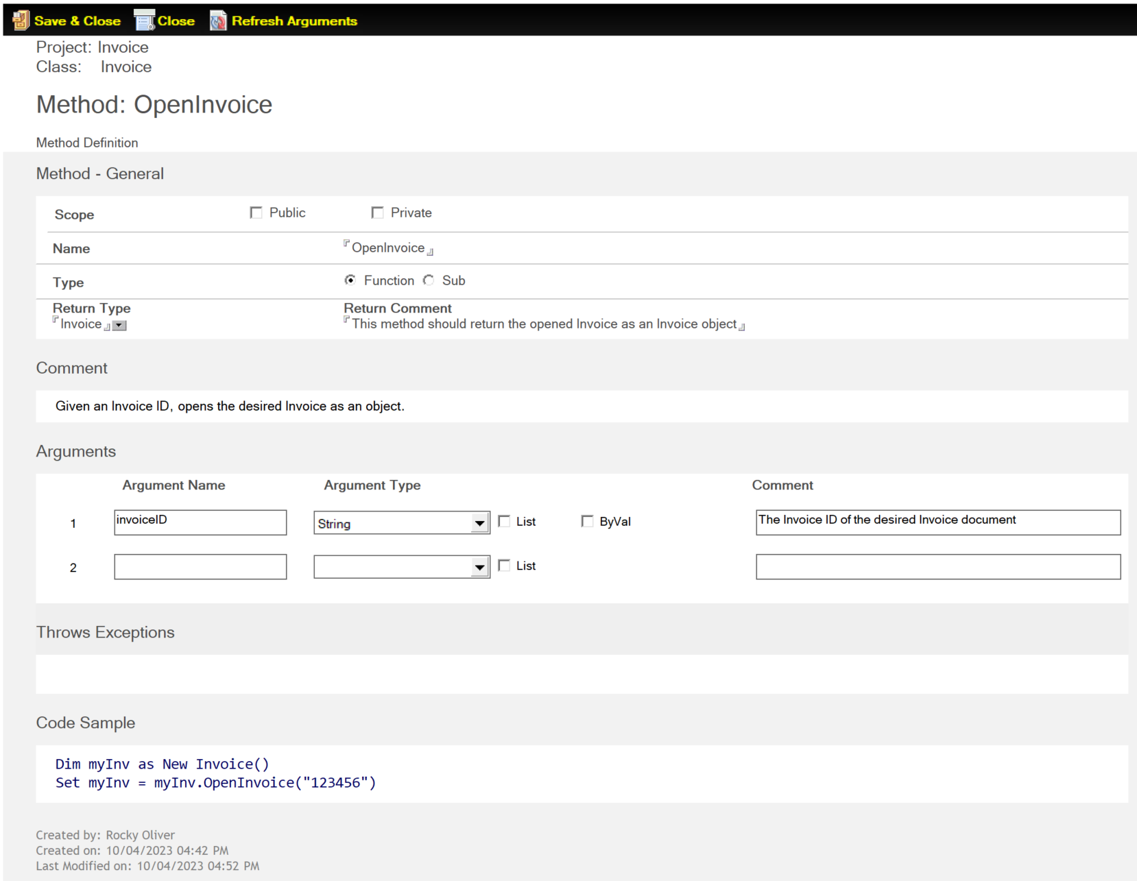 Sample Library - OpenInvoice Method